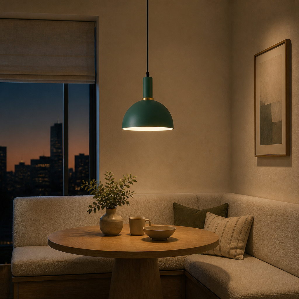 Nordic E27 Metal Pendant Light - Focused Deep Dome Shade, 6 Colors - Breakfast Nook Green warm light lifestyle