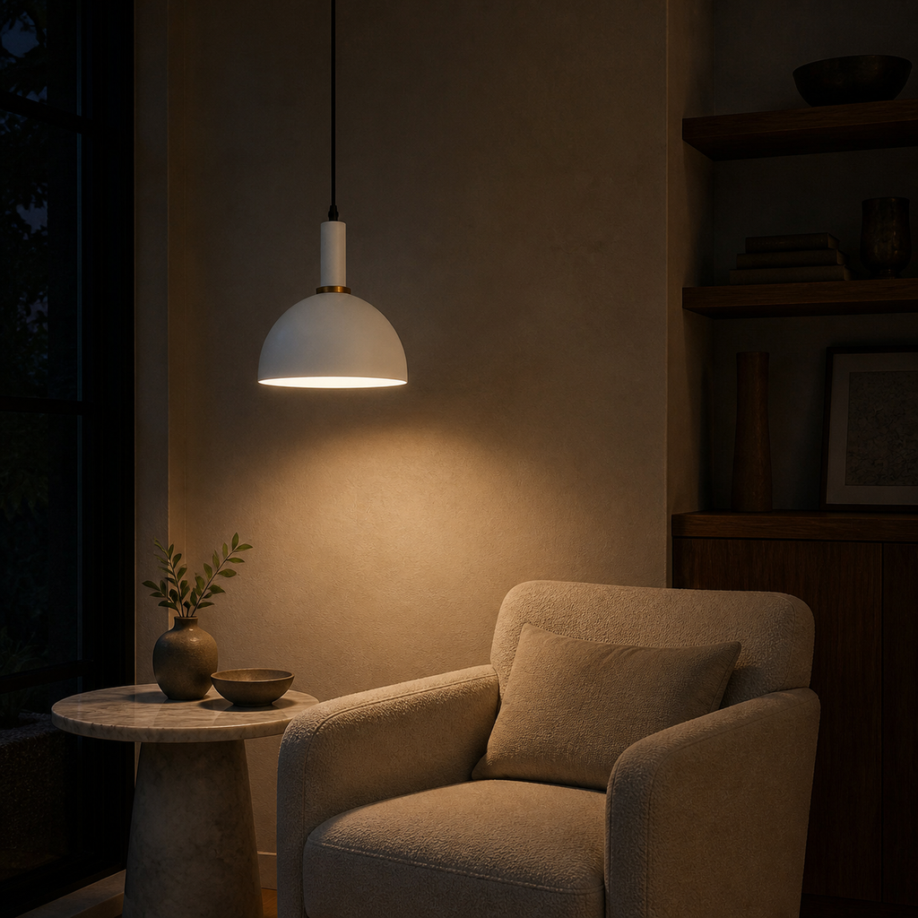 Nordic E27 Metal Pendant Light - Focused Deep Dome Shade, 6 Colors - Reading Corner White warm light lifestyle