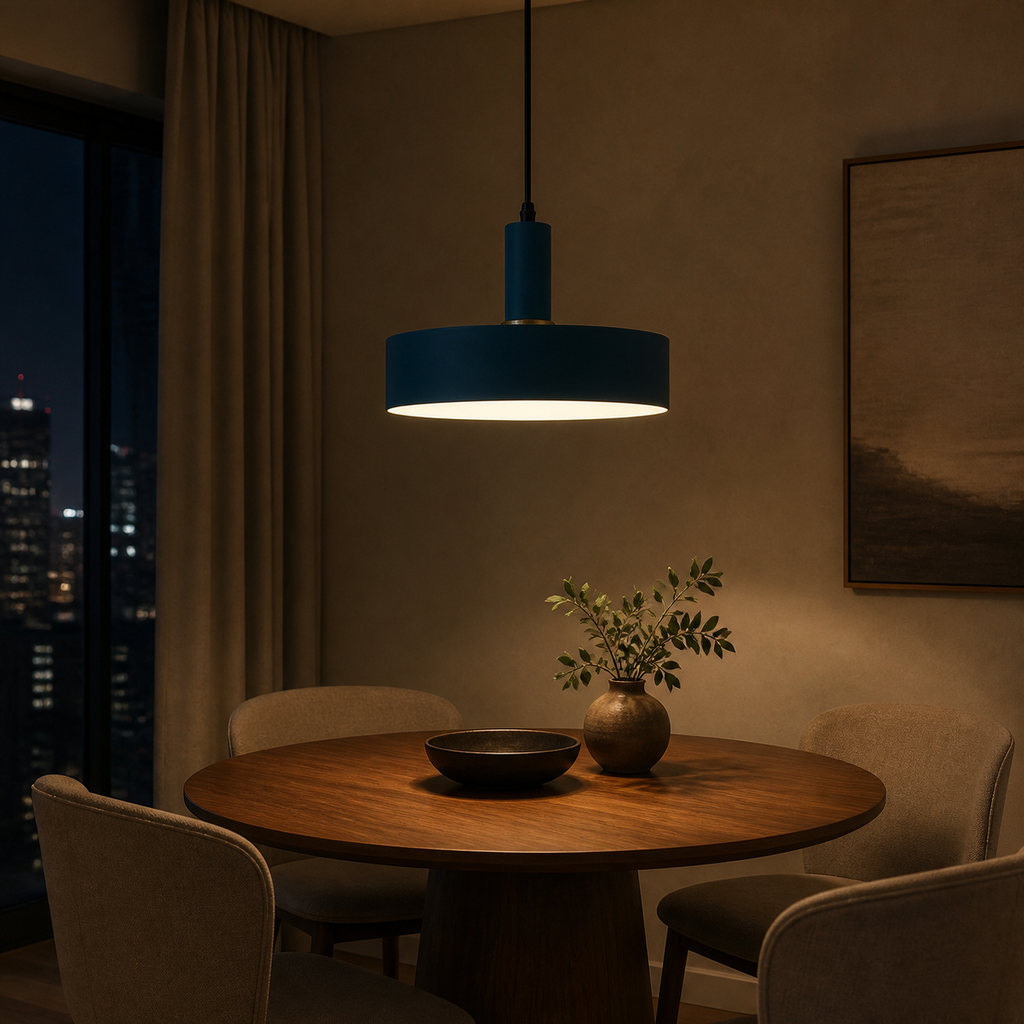 Wide Drum Colorful Pendant Light, E27 Metal Shade, 2 Sizes - Night Dining Nook warm light lifestyle