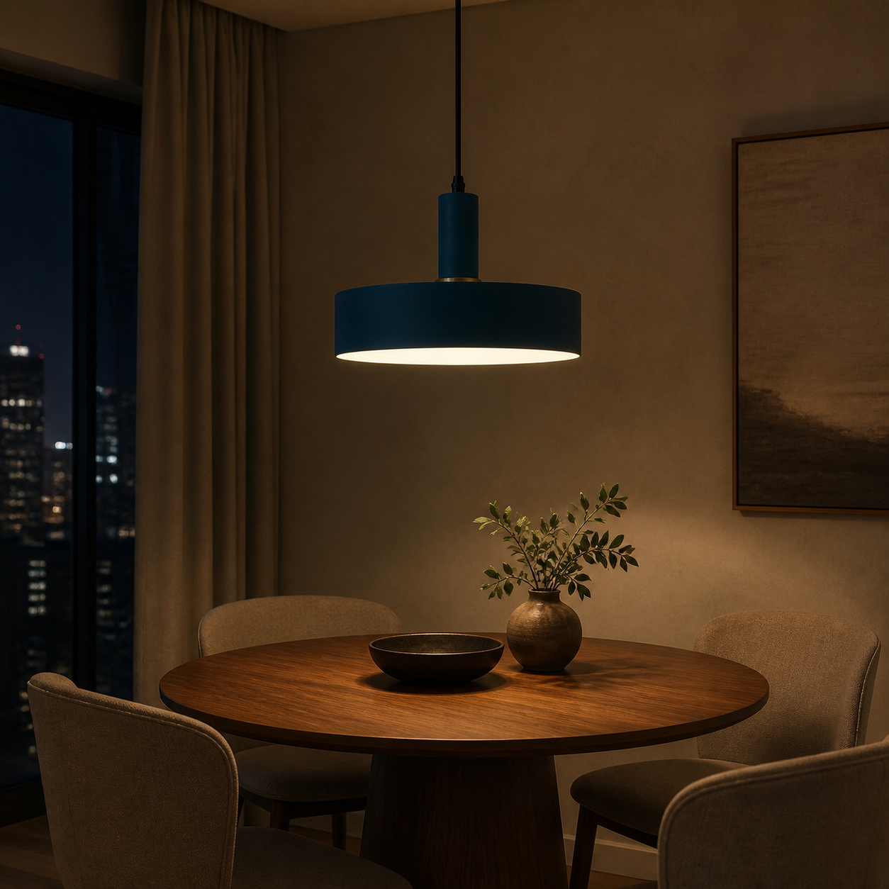 Wide Drum Colorful Pendant Light, E27 Metal Shade, 2 Sizes - Night Dining Nook warm light lifestyle