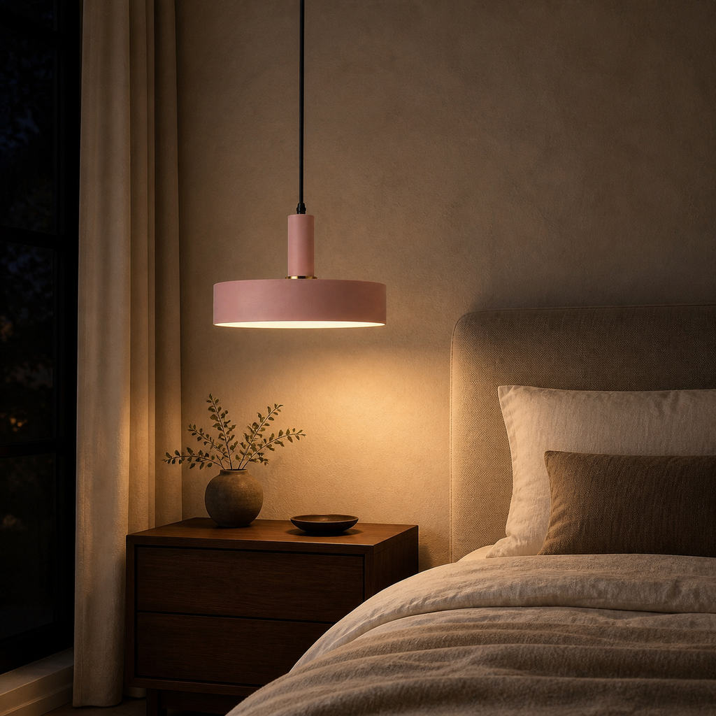 Wide Drum Colorful Pendant Light, E27 Metal Shade, 2 Sizes - Bedroom Bedside Pink warm light lifestyle