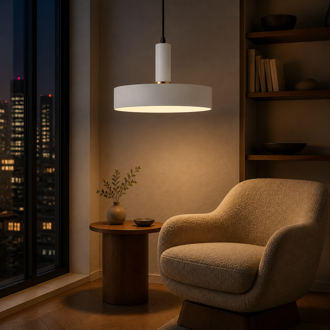 Wide Drum Colorful Pendant Light, E27 Metal Shade, 2 Sizes - Reading Corner White warm light lifestyle