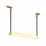 A modern linear pendant light fixture with a brushed brass frame and two dark brown hanging rods, shown against a solid white background.