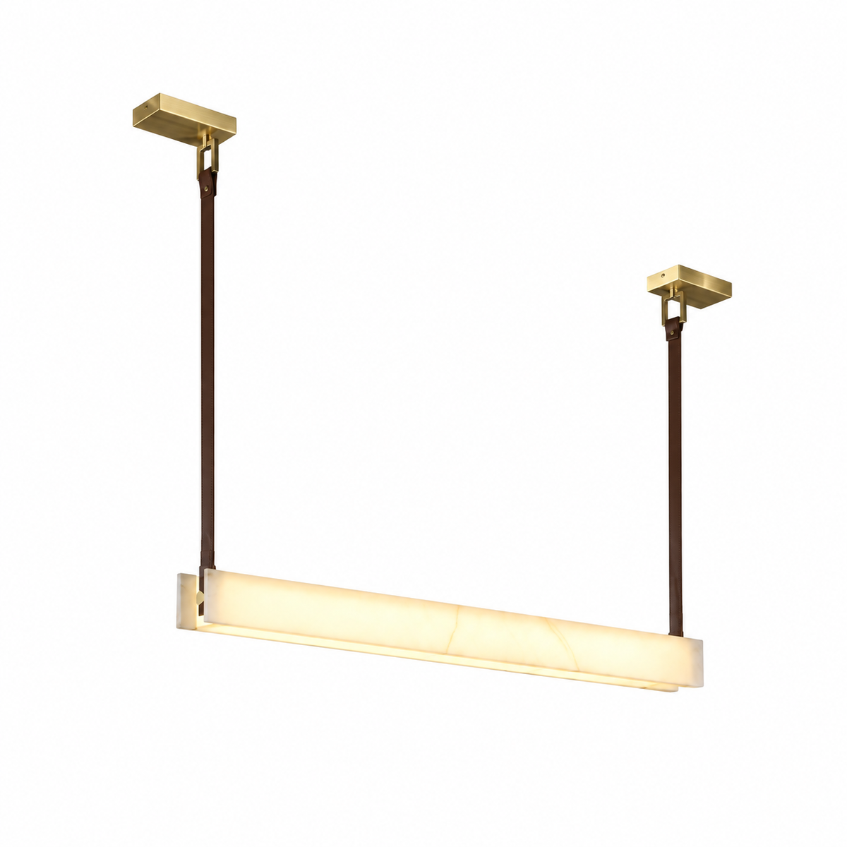 A modern linear pendant light fixture with a warm white marble-look bar suspended by dark brown cords from two gold-toned ceiling mounts, shown against a plain white background.