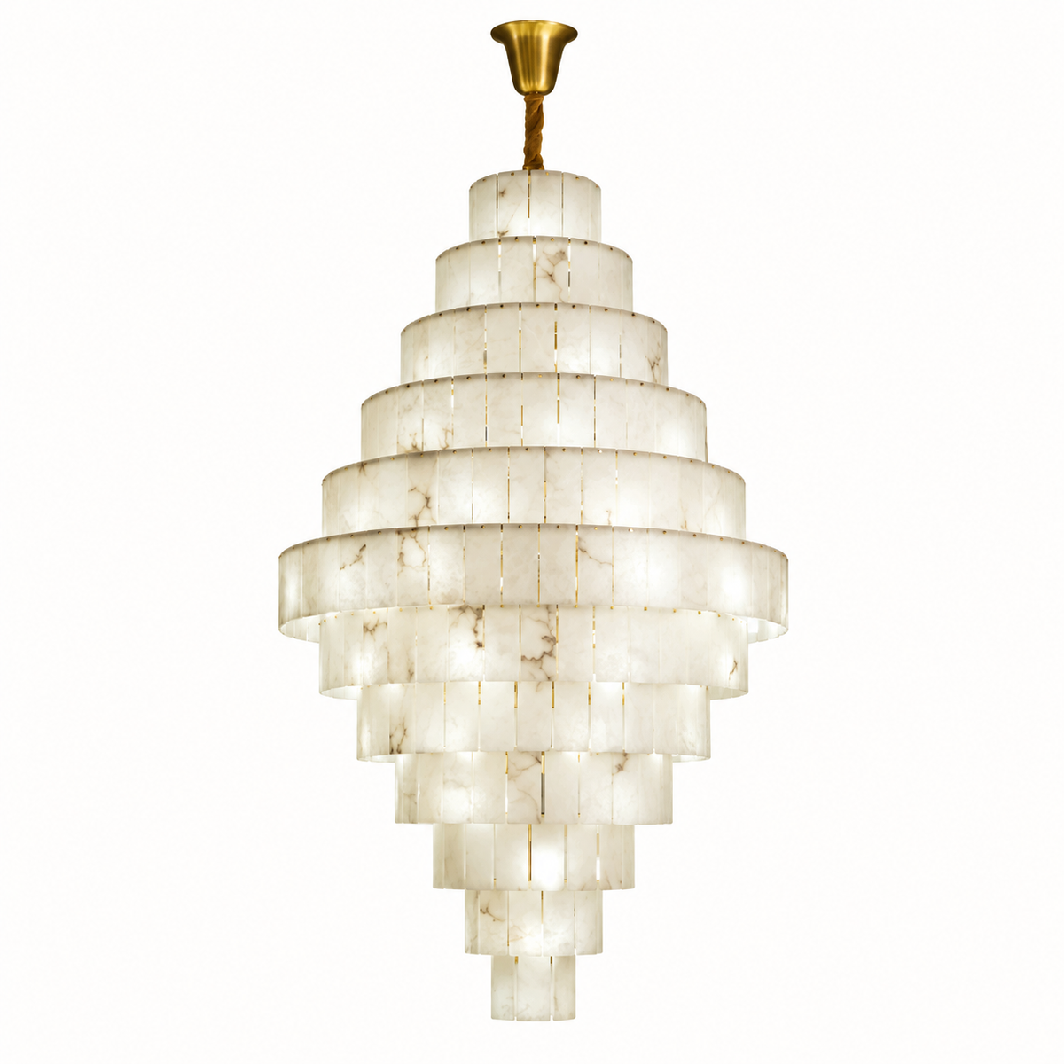 A tiered chandelier with translucent white and cream marble or onyx cylindrical rings, suspended from a polished gold brass canopy, shown against a plain white background.