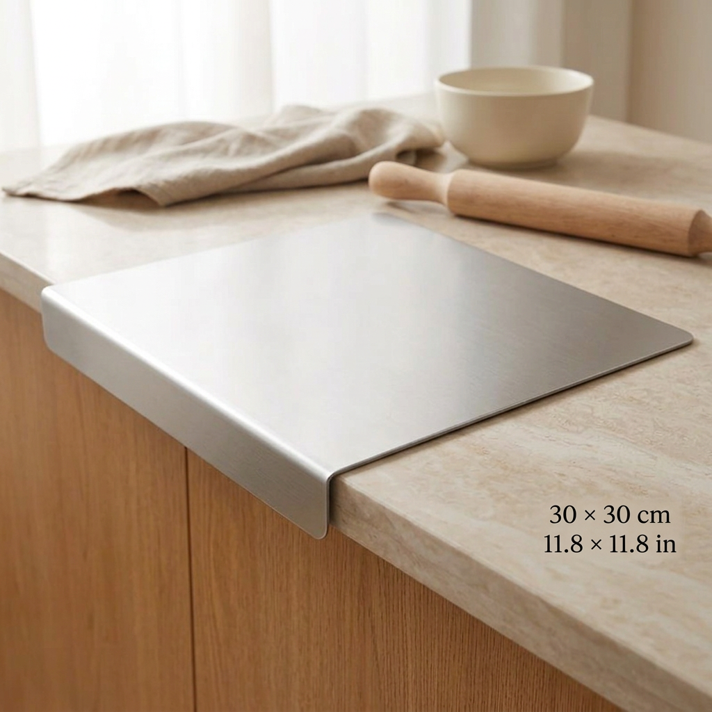 A rectangular stainless steel baking stone or pizza stone with raised flange edges, shown resting on a light beige countertop in a kitchen setting. A beige cloth, bowl, and wooden rolling pin are visible in the background, with size text reading 30 x 30 cm / 11.