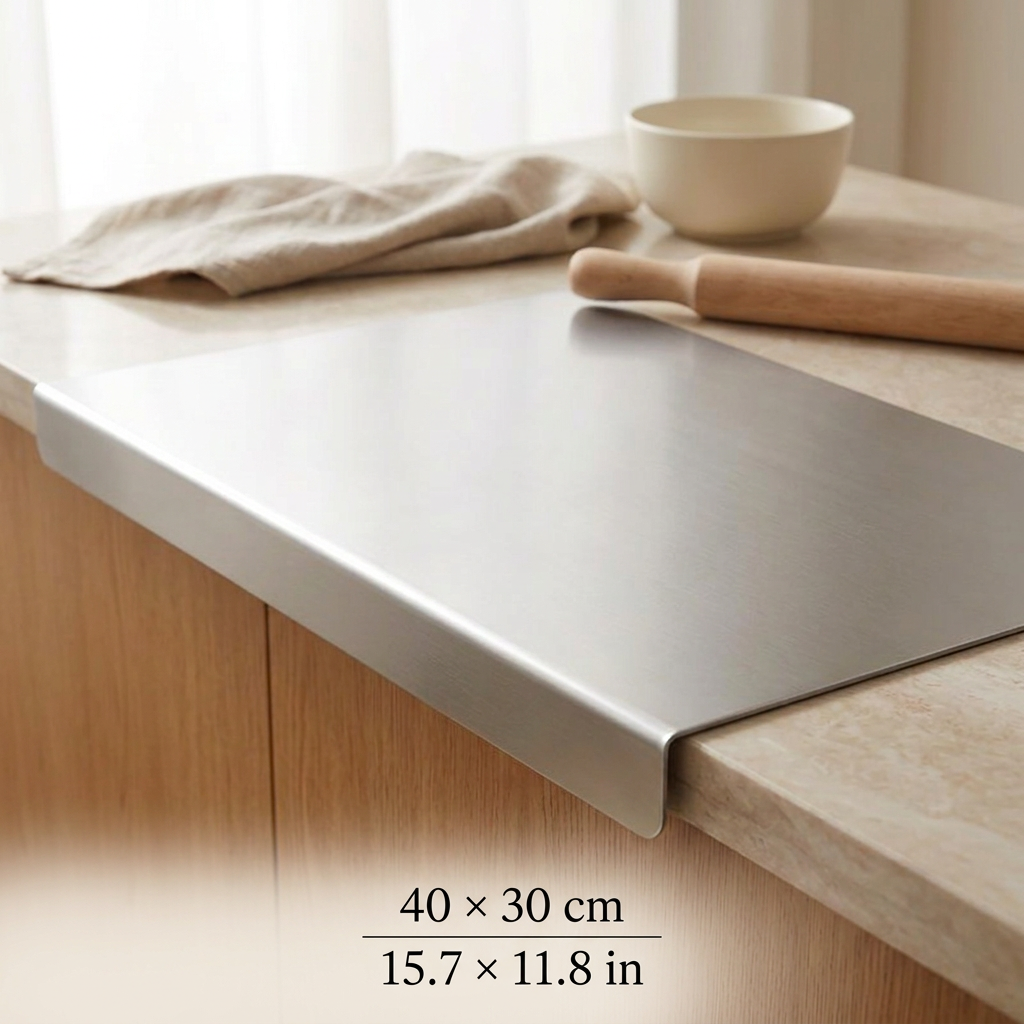 A rectangular stainless steel cutting board with raised beveled edges, shown resting on a light wood countertop in a kitchen setting. A beige cloth, a small bowl, and a wooden rolling pin are nearby.