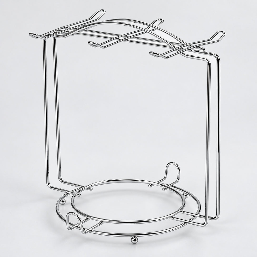 One empty silver smooth-wire cup-and-saucer rack.
