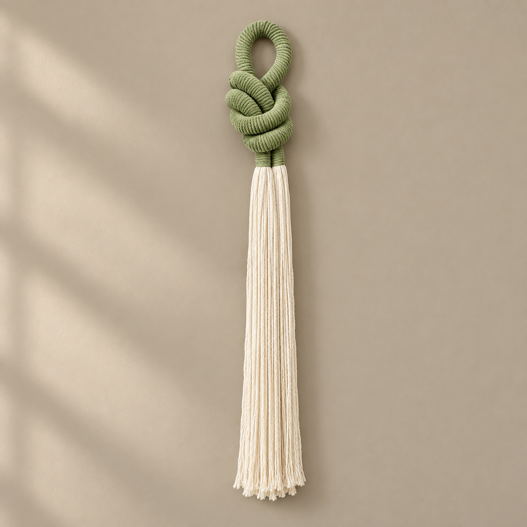 Studio, full piece on cream, rope knot with a cream tassel, thick three-strand twisted rope, fine combed cord tassel
