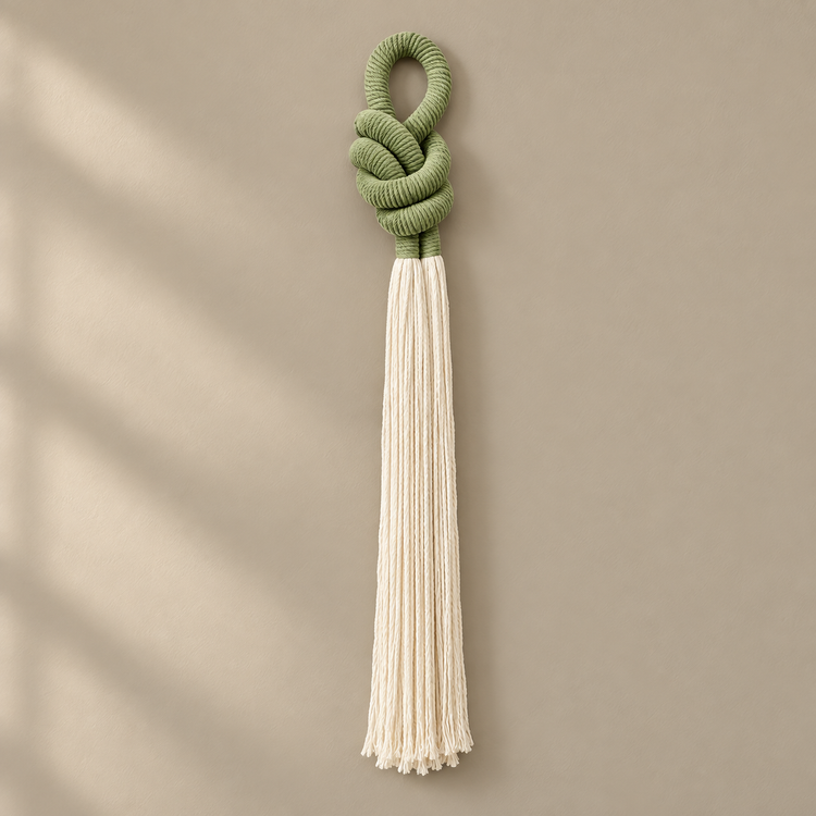 Studio, full piece on cream, rope knot with a cream tassel, thick three-strand twisted rope, fine combed cord tassel
