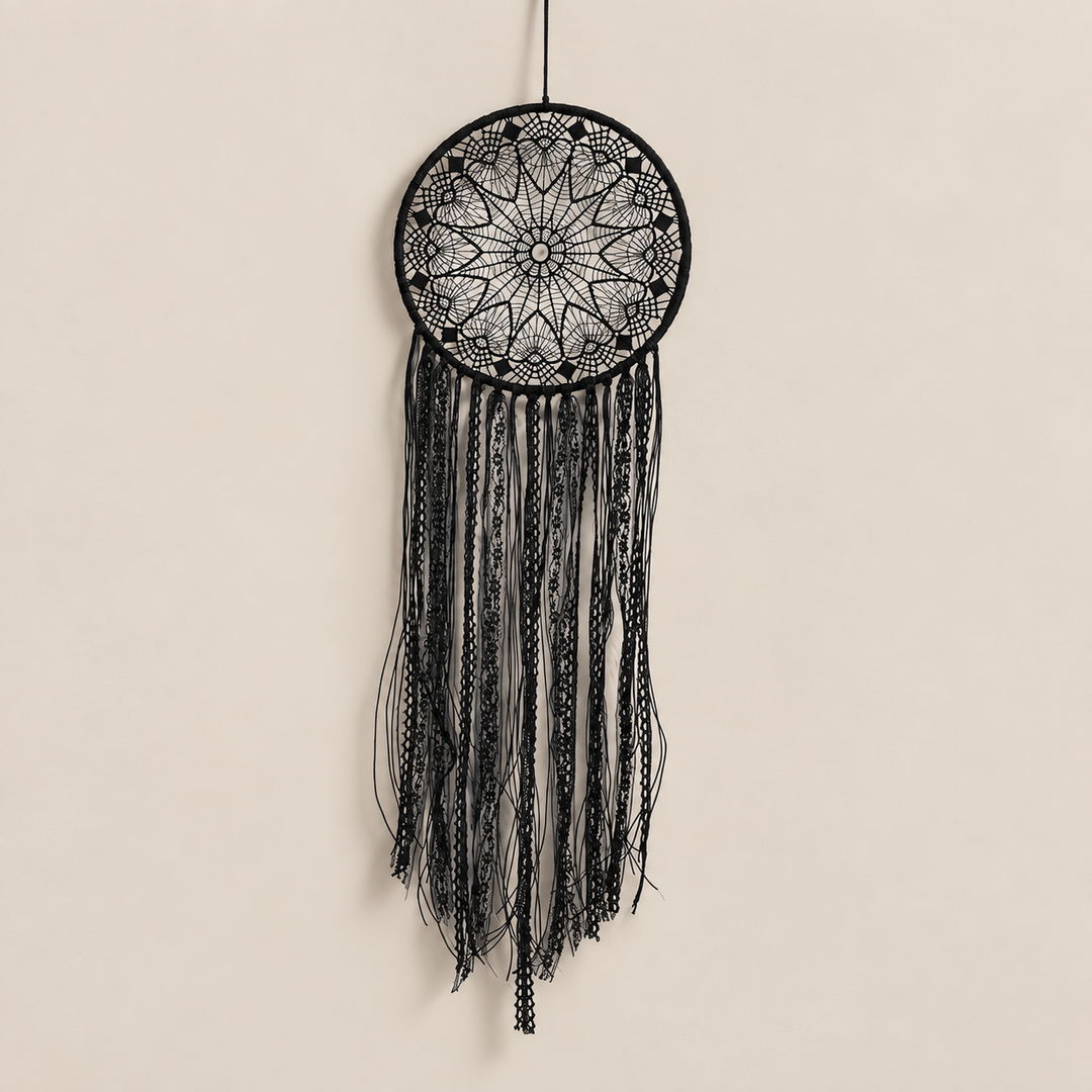 Option 3, black round mandala, studio on cream, hoop, moon or eye triangle