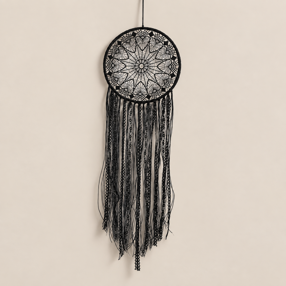Option 3, black round mandala, studio on cream, hoop, moon or eye triangle
