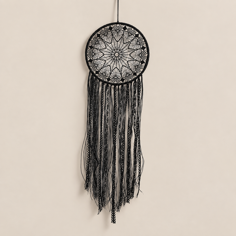 Option 3, black round mandala, studio on cream, hoop, moon or eye triangle