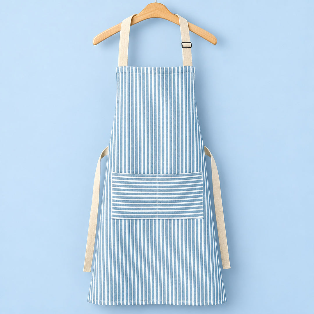 One blue striped bib apron with beige straps and divided front pocket.