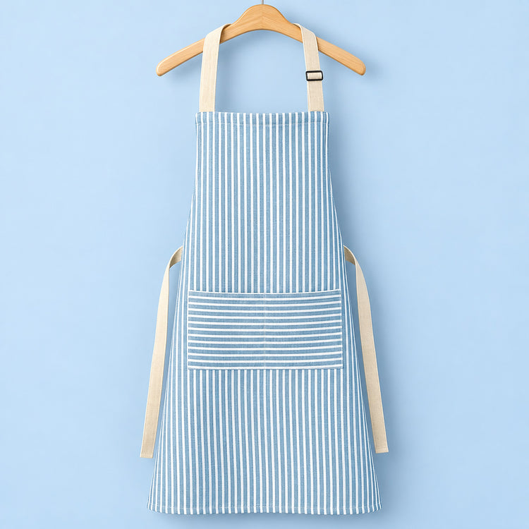 One blue striped bib apron with beige straps and divided front pocket.