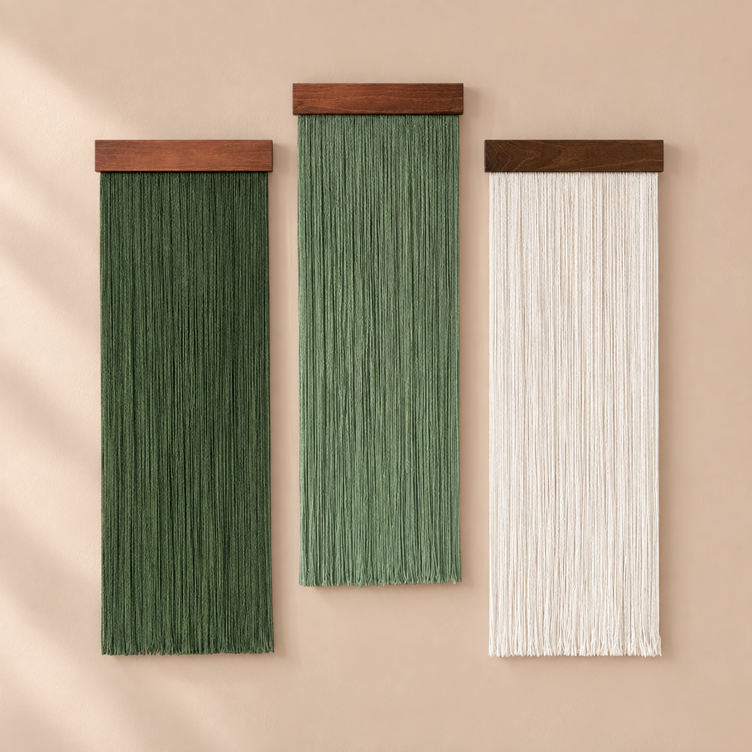 Three fringe panels in green, sage and cream on dark battens at staggered heights