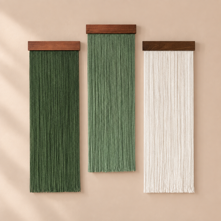 Three fringe panels in green, sage and cream on dark battens at staggered heights