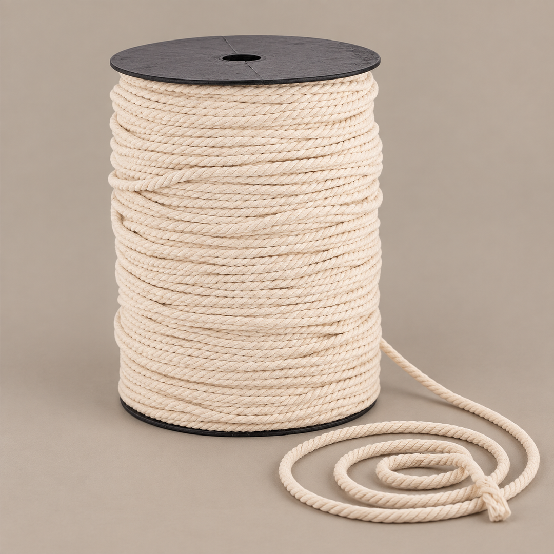 5mm 65M spool on sand, 2 to 10 mm twisted cord on a spool, three-strand twisted cotton cord