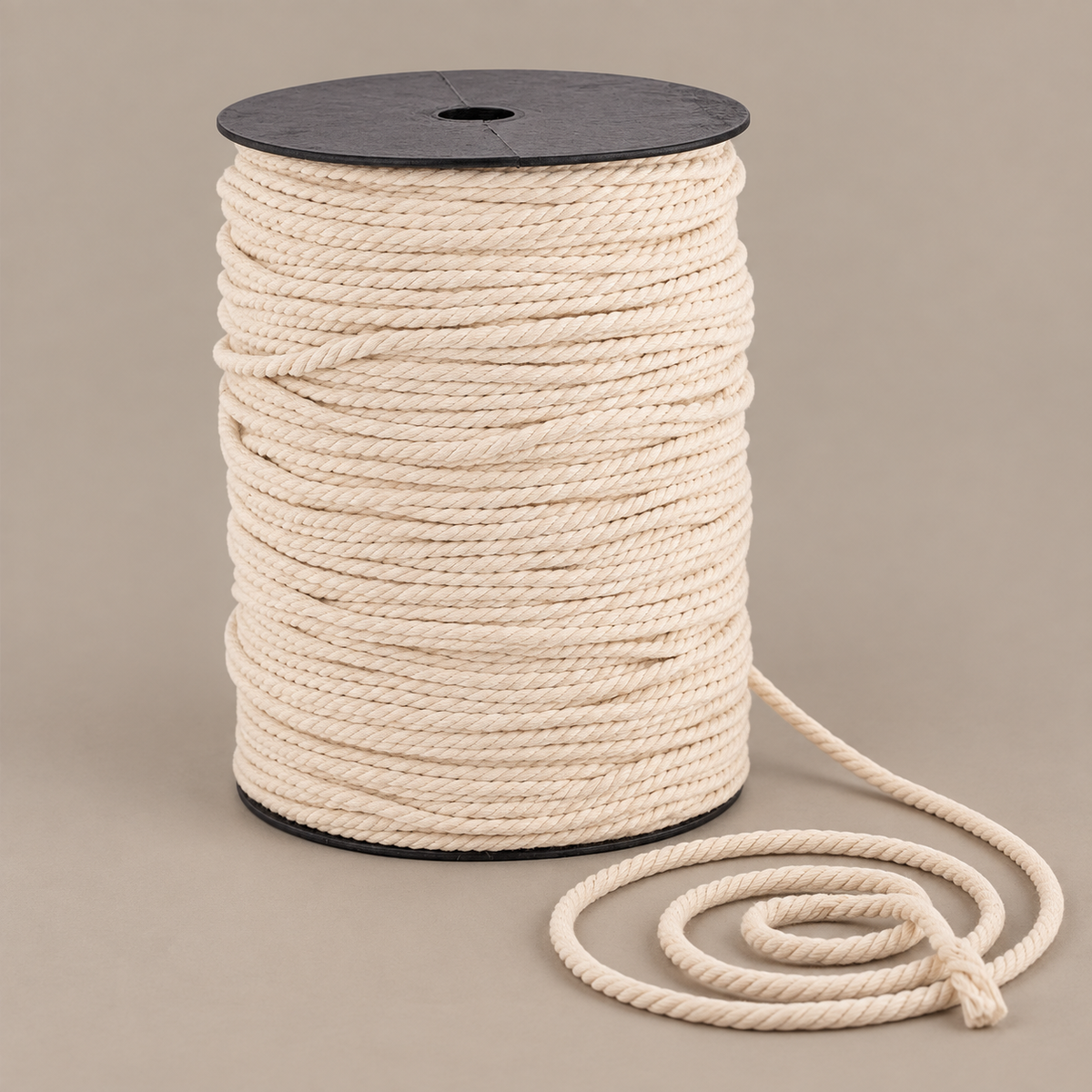 5mm 65M spool on sand, 2 to 10 mm twisted cord on a spool, three-strand twisted cotton cord