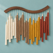 Cream, tan, mustard and brick red tassels under a wave cut dark wood batten