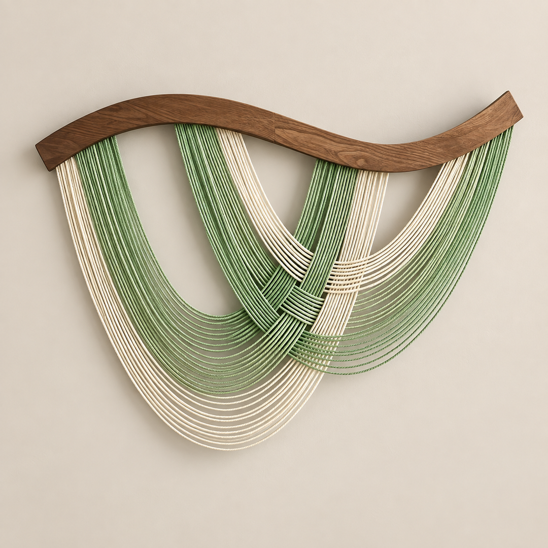 Green studio on cream, crossed swags in four colors, twisted cord, dark stained wave-cut wood rod
