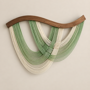 Green studio on cream, crossed swags in four colors, twisted cord, dark stained wave-cut wood rod