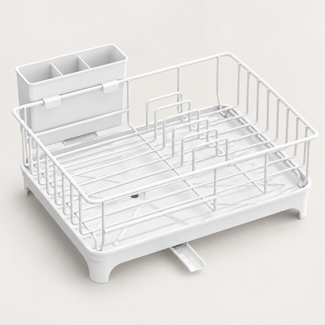 White plastic and wire dish drying rack with a built-in organizer cup, shown on a clean light beige background.