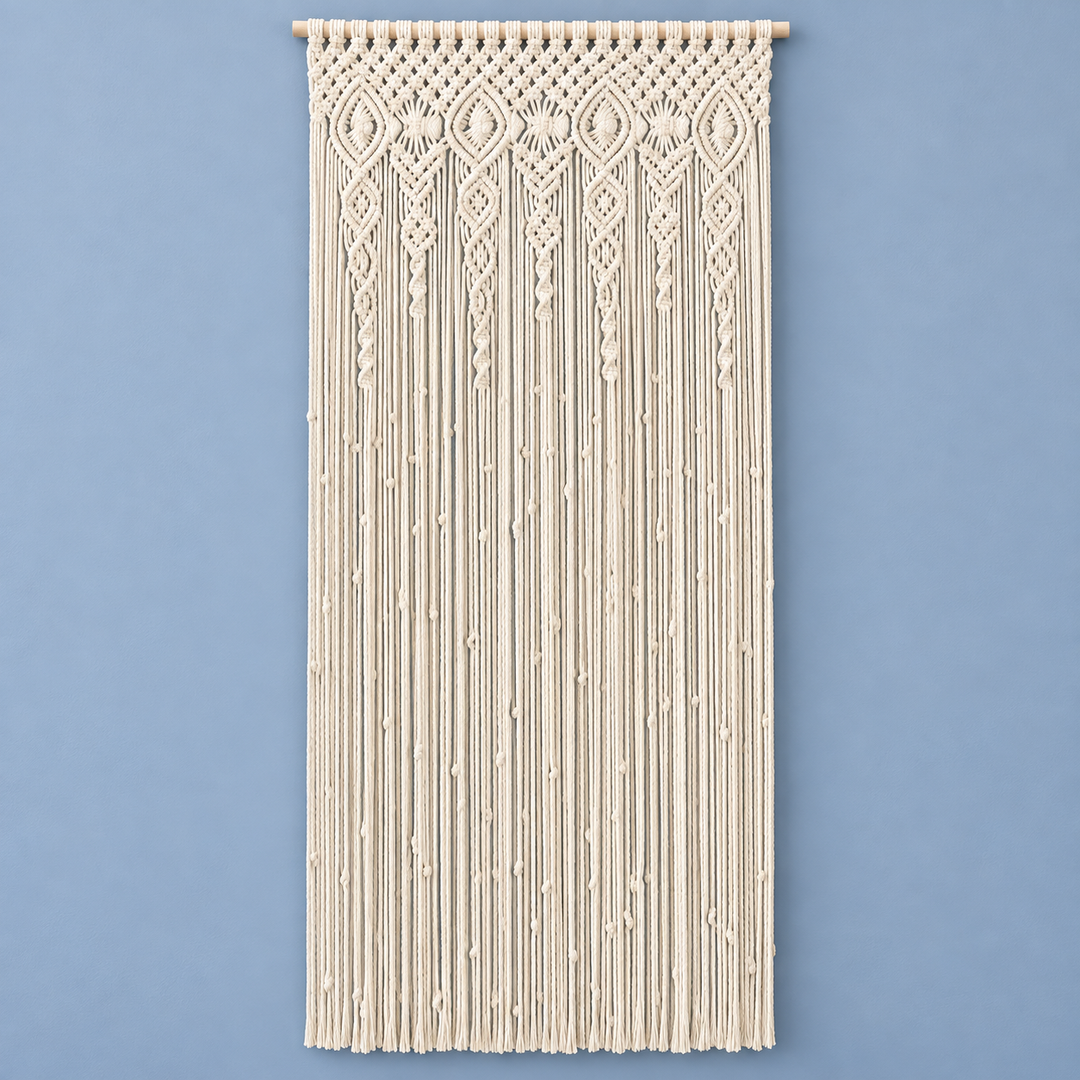 A 90x180 studio on blue, macrame door panel in 6 sizes, twisted cord, wooden hanging rod