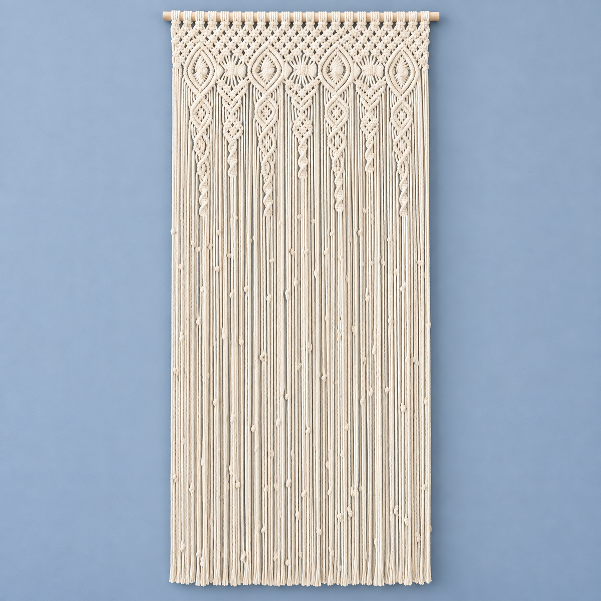 A 90x180 studio on blue, macrame door panel in 6 sizes, twisted cord, wooden hanging rod