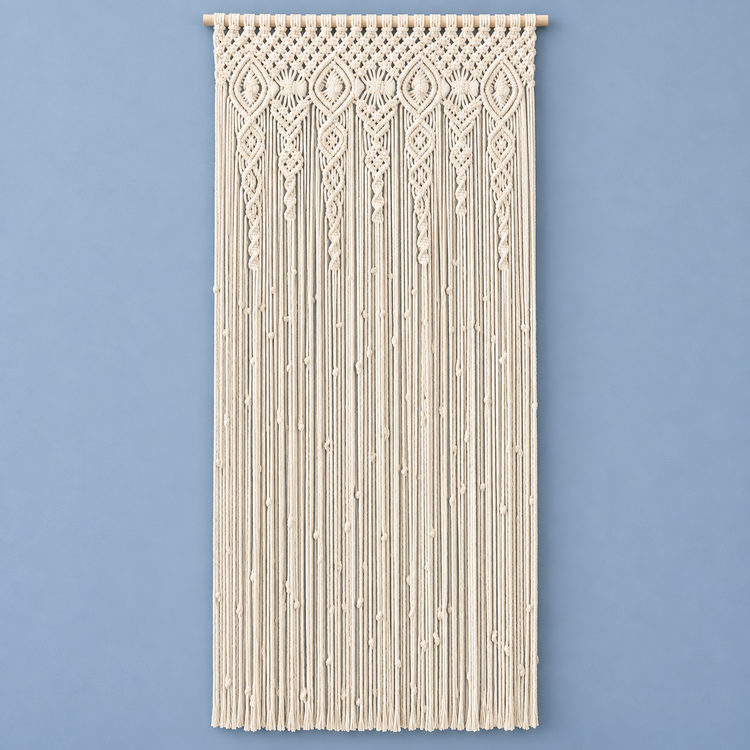 A 90x180 studio on blue, macrame door panel in 6 sizes, twisted cord, wooden hanging rod