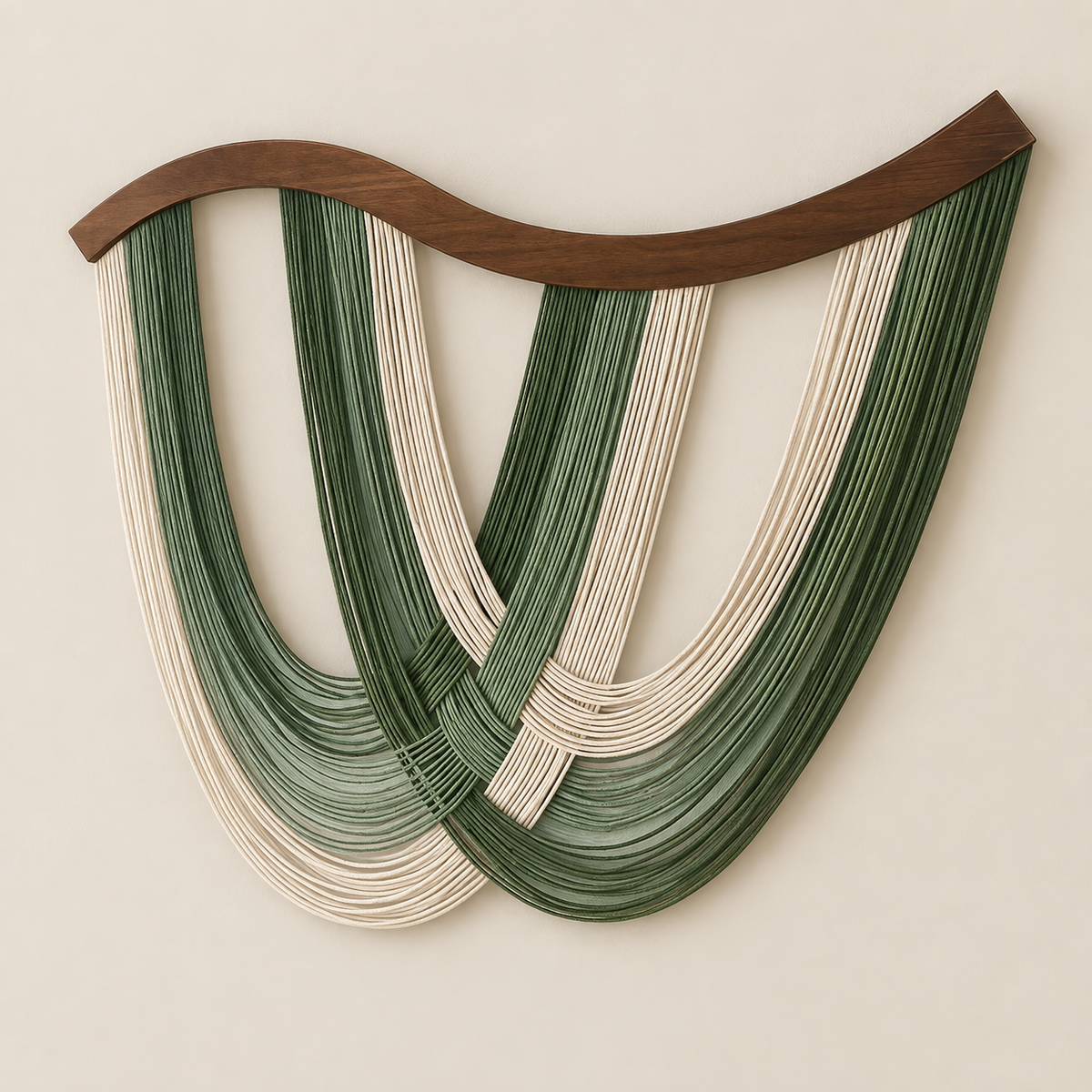 A studio on cream, wave cut wood arch with crossed green swags