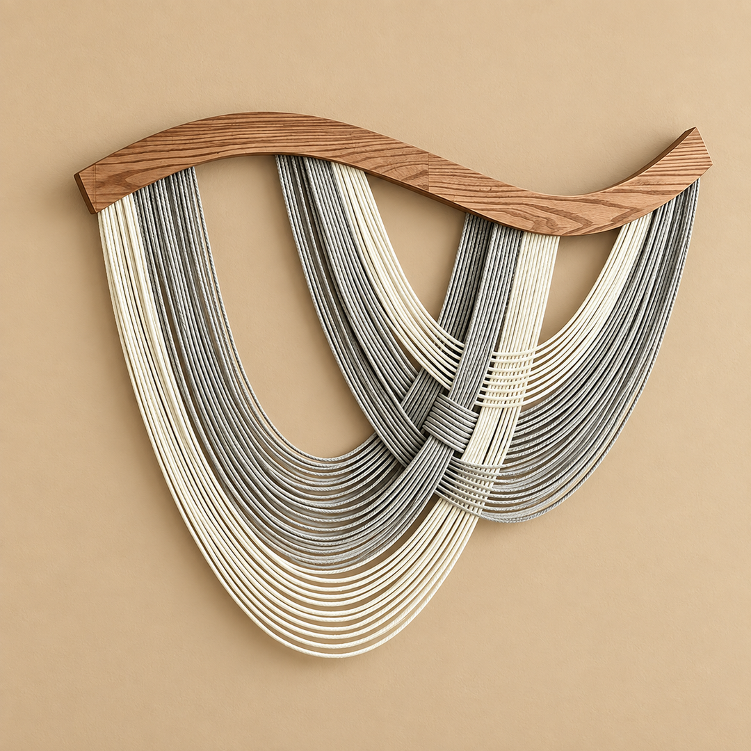 A4 gray studio on ochre, crossed swags on wood, twisted cord, dark stained wave-cut wood rod