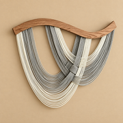 A4 gray studio on ochre, crossed swags on wood, twisted cord, dark stained wave-cut wood rod
