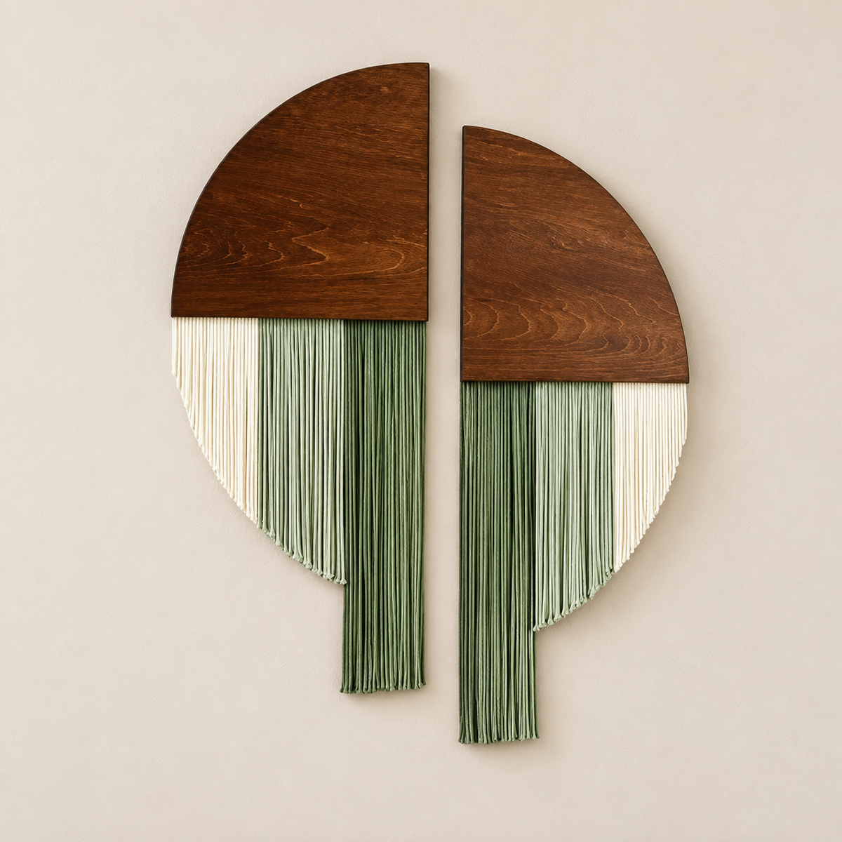 A modern abstract wall art piece featuring two semi-circular wooden panels with pleated fringe details in green and off-white, mounted on a neutral beige wall.