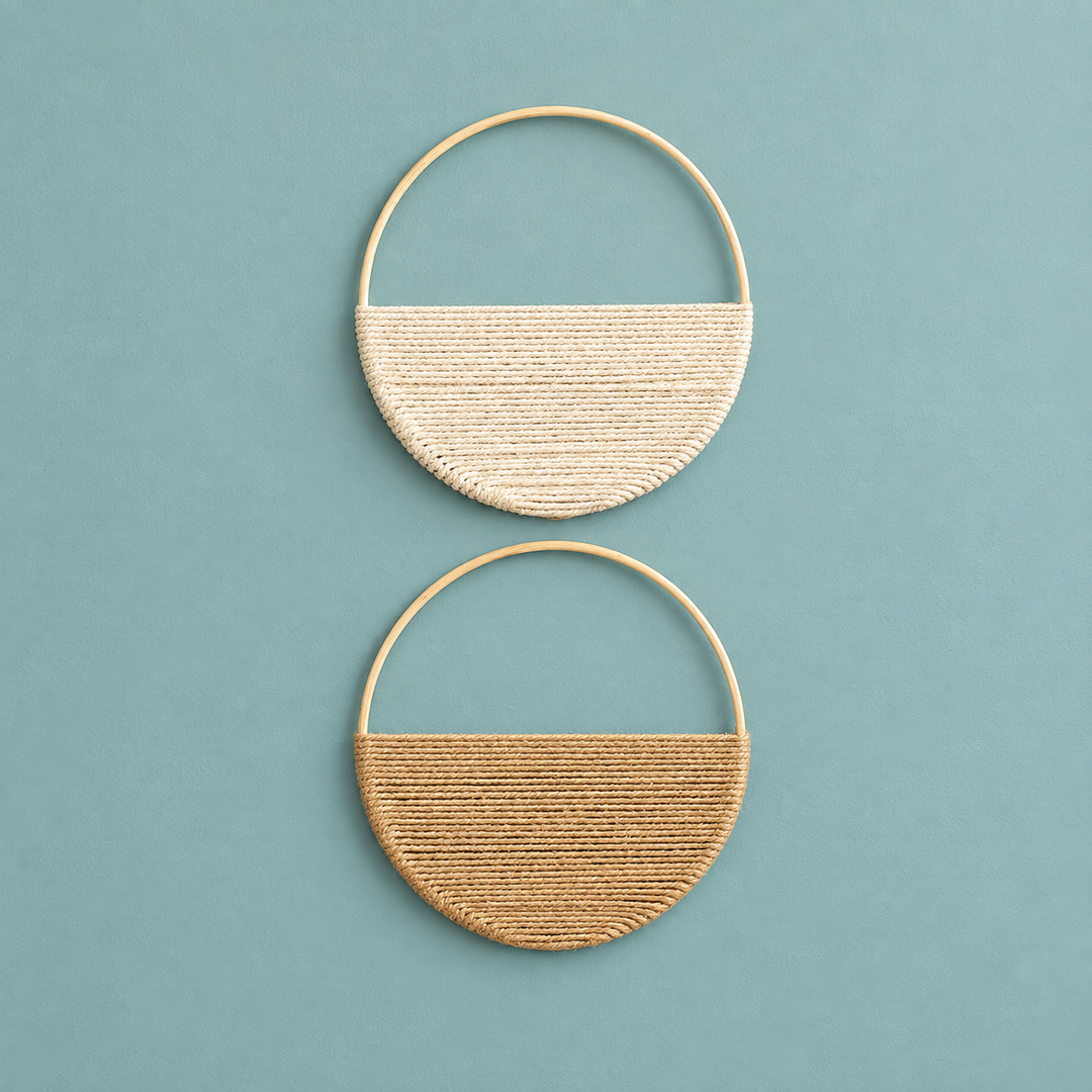 B set, cream and tan hoops, studio on teal, set of 2 woven half moon hoops, 19 cm