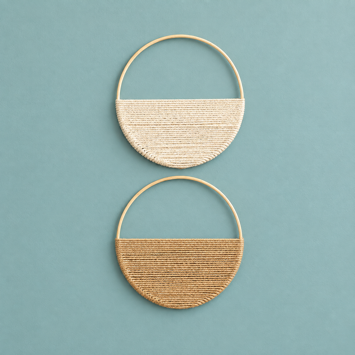 B set, cream and tan hoops, studio on teal, set of 2 woven half moon hoops, 19 cm