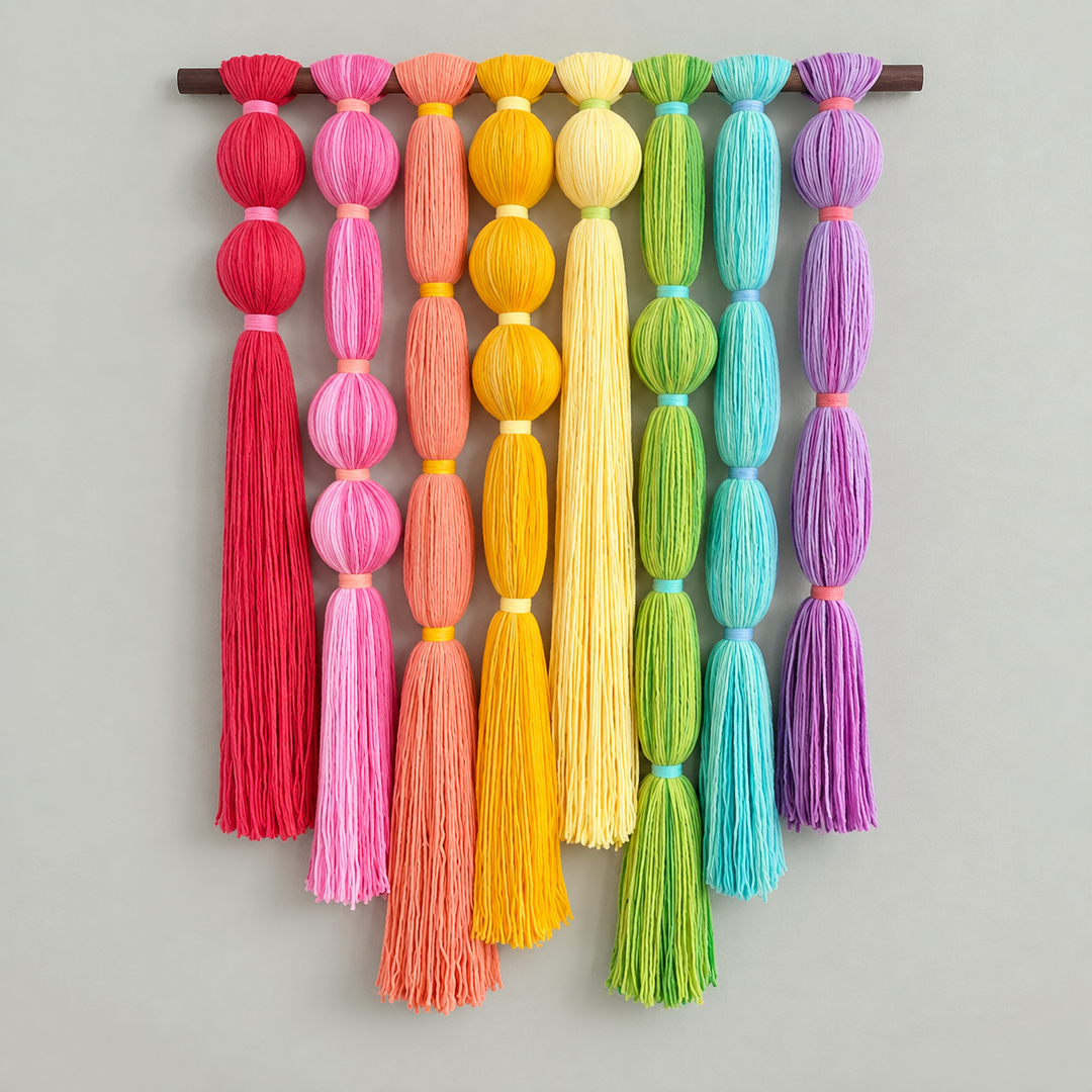 B studio on cream, rainbow tassel wall hanging, yarn-wrapped beads, fine cord tassels