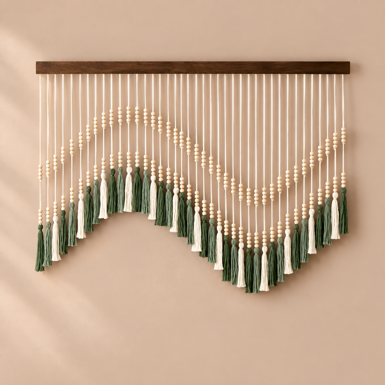 Sage and cream beaded tassels in one shallow wave under a dark wood batten