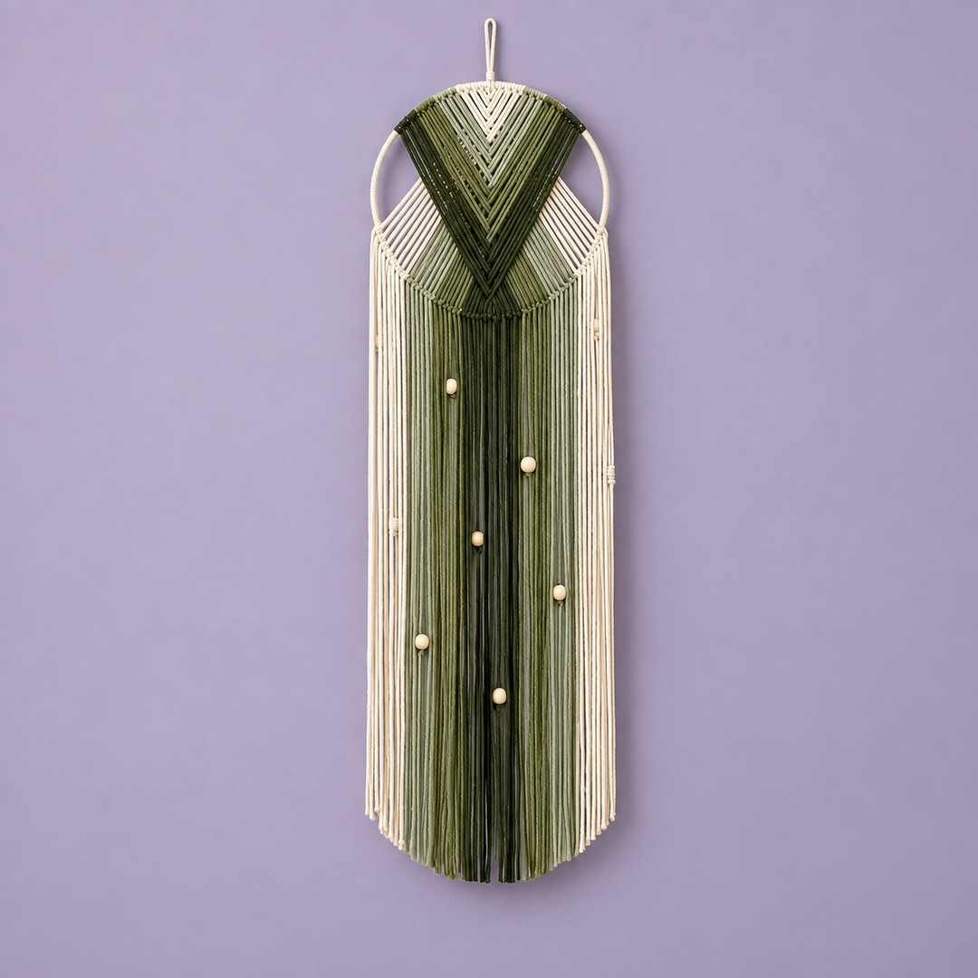 B studio on lilac, fanned hoop with fringe, twisted cord, cord-wrapped ring