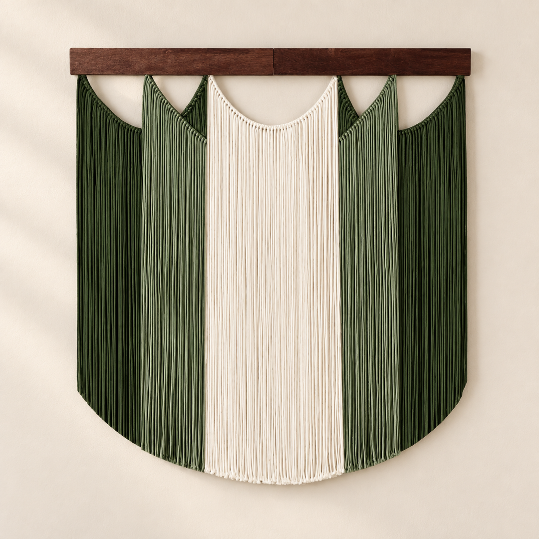 B, olive and cream, studio on cream, scalloped bands on dark wood