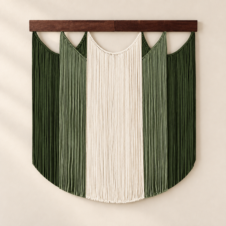 B, olive and cream, studio on cream, scalloped bands on dark wood