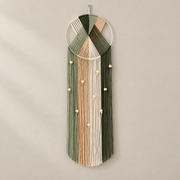 Olive, sage and peach chevron wound over a hoop above a beaded cream panel