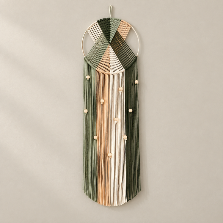Olive, sage and peach chevron wound over a hoop above a beaded cream panel