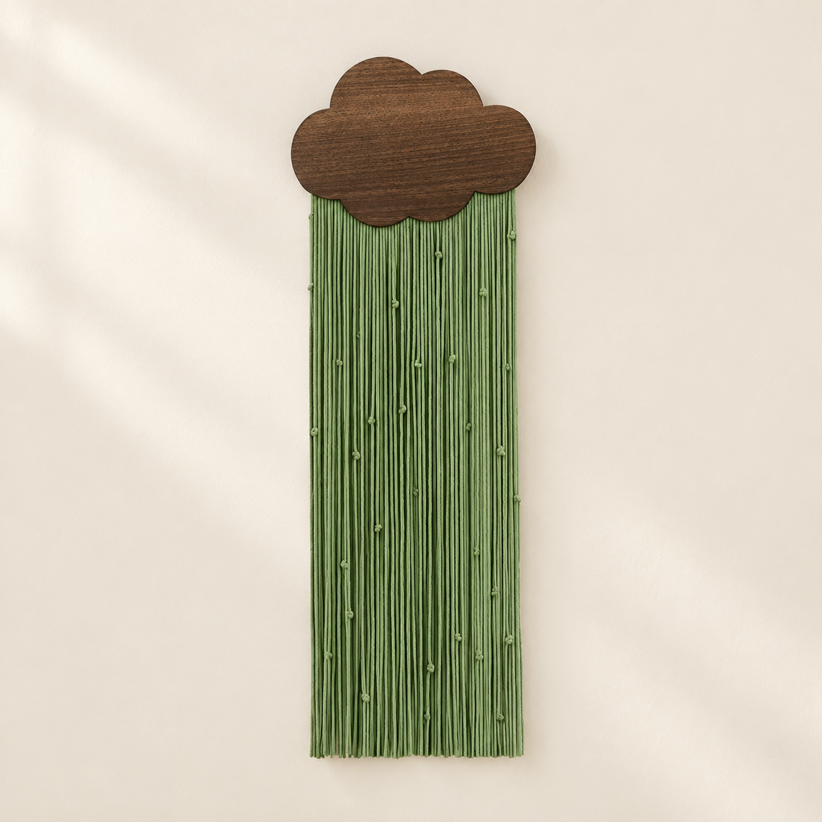 B, olive green, studio on cream, rain cord in 4 colors, dark stained wood cloud panel, twisted cord with knotted detail