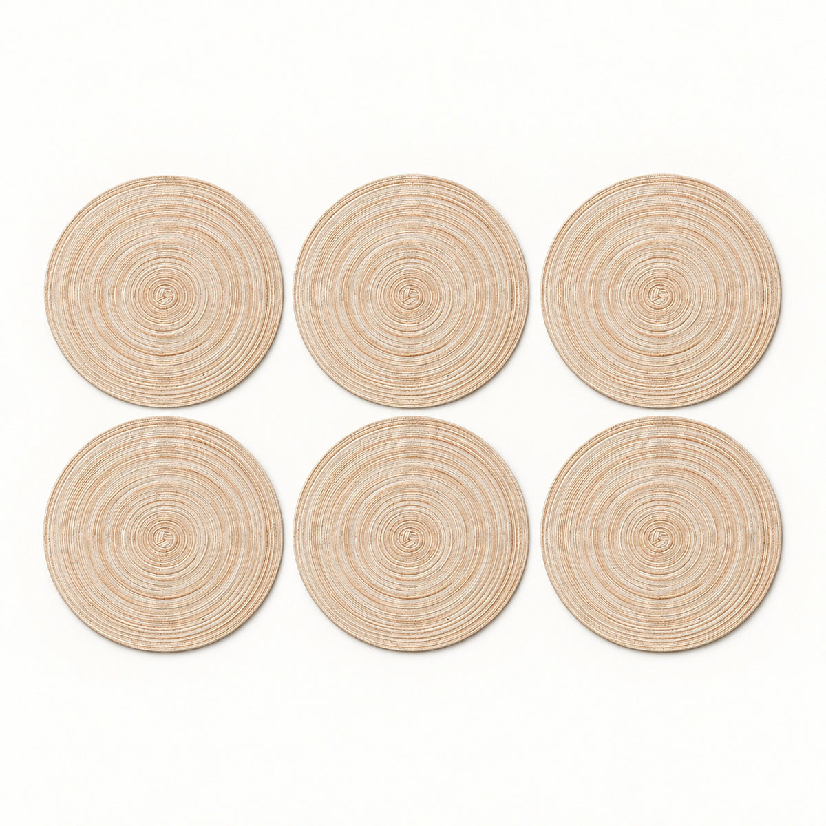 Six beige braided round mats in the selected diameter.