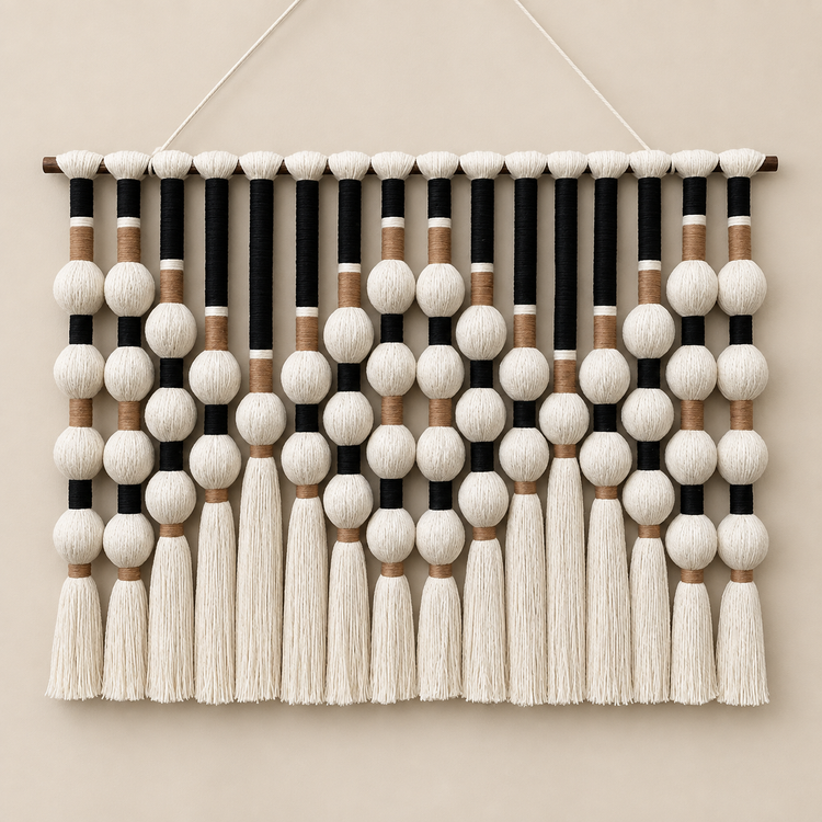 Black studio on cream, bead grid and tassels, yarn-wrapped spheres, wrapped cord