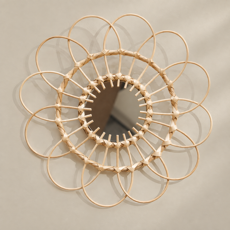 Round natural rattan hoop mirror with a flower shaped ring of hoops on cream