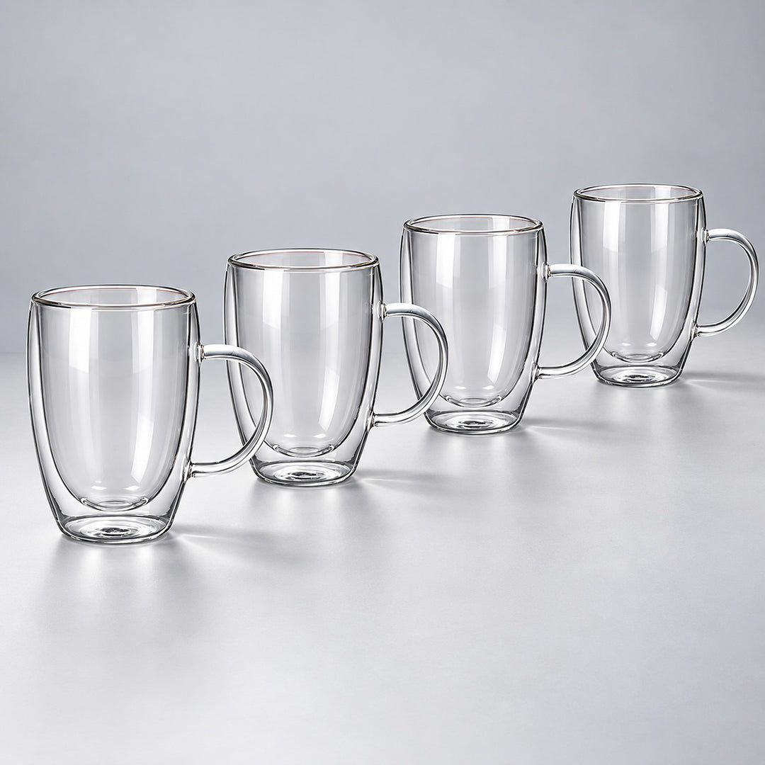 Four empty tall 450 ml clear double-wall glass mugs with handles.