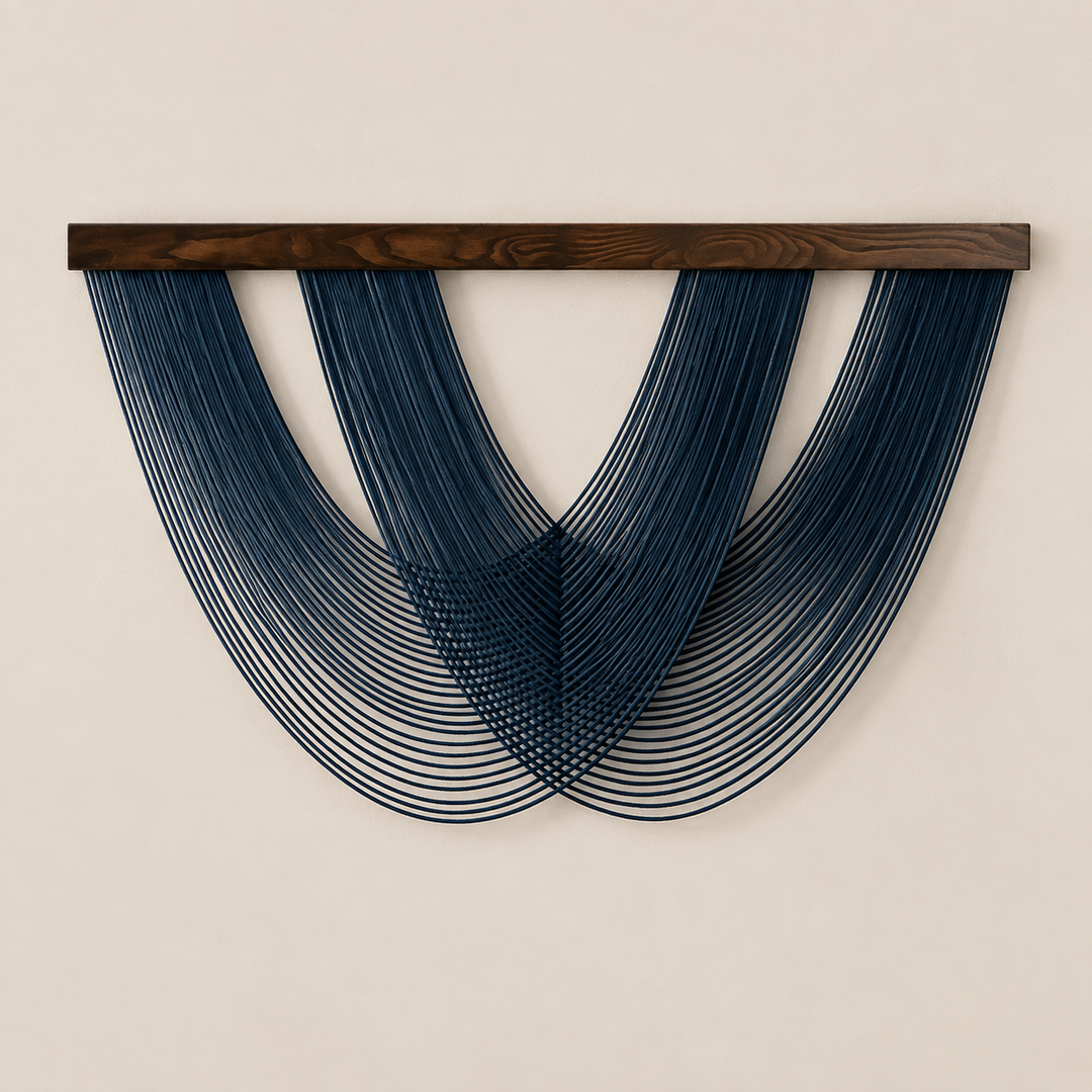 Dark Blue studio on cream, woven lattice swag in 3 colors, twisted cord, dark stained wood batten