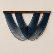Dark Blue studio on cream, woven lattice swag in 3 colors, twisted cord, dark stained wood batten